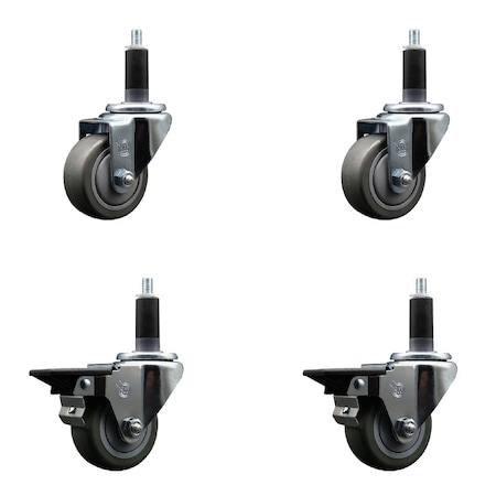 Service Caster 3'' Gray Poly Wheel Swivel 1-1/8'' Expanding Stem Caster Set 2 Brakes, 4PK SCC-EX20S314-PPUB-2-PLB-2-118